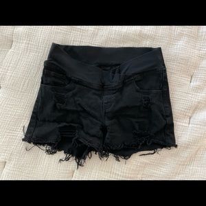 Distressed black maternity shorts